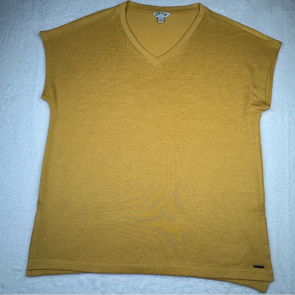ORVIS Women's Mustard Yellow Shirt. Size S. Short Sleeve V-Neck blouse Polyblend